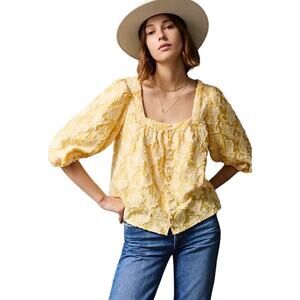 Anthropologie Blouse XSP Petite Oversized Texture Button Down Ballon Sleeve Boho